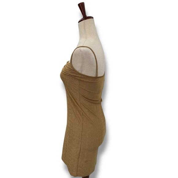 Karen Millen Gold Shimmer Mini Dress Size Small Draped Scoop Neck Stretchy Party - Picture 9 of 10